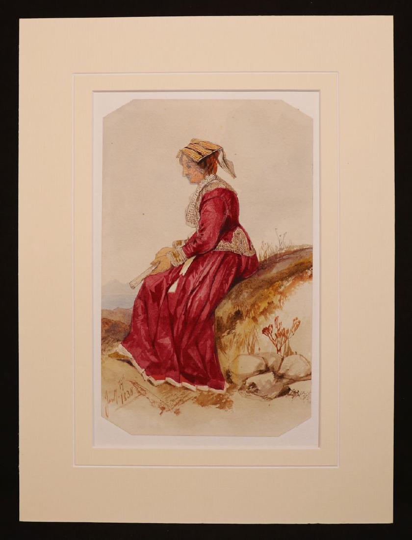Edward Lear. Original Watercolor, Italian Lady: Edward Lear (British, 1812 - 1888). Portrait of a lady in traditional Italian dress, seated with lake beyond [recto]; Head study and inscription in pencil [verso]. Watercolor over pencil. Dated Jan. 1
