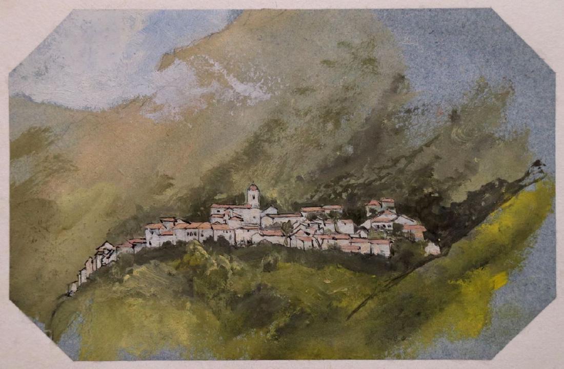 Edward Lear. Original Italian Hill-Top Scene: Edward Lear (British, 1812 - 1888). Landscape of an Italian hill-top town. Ca. 1838, unsigned. Pen and black ink, gouache, over pencil, on blue wove paper, 104 x 160 mm. (4" x 6.25"), inscribed verso