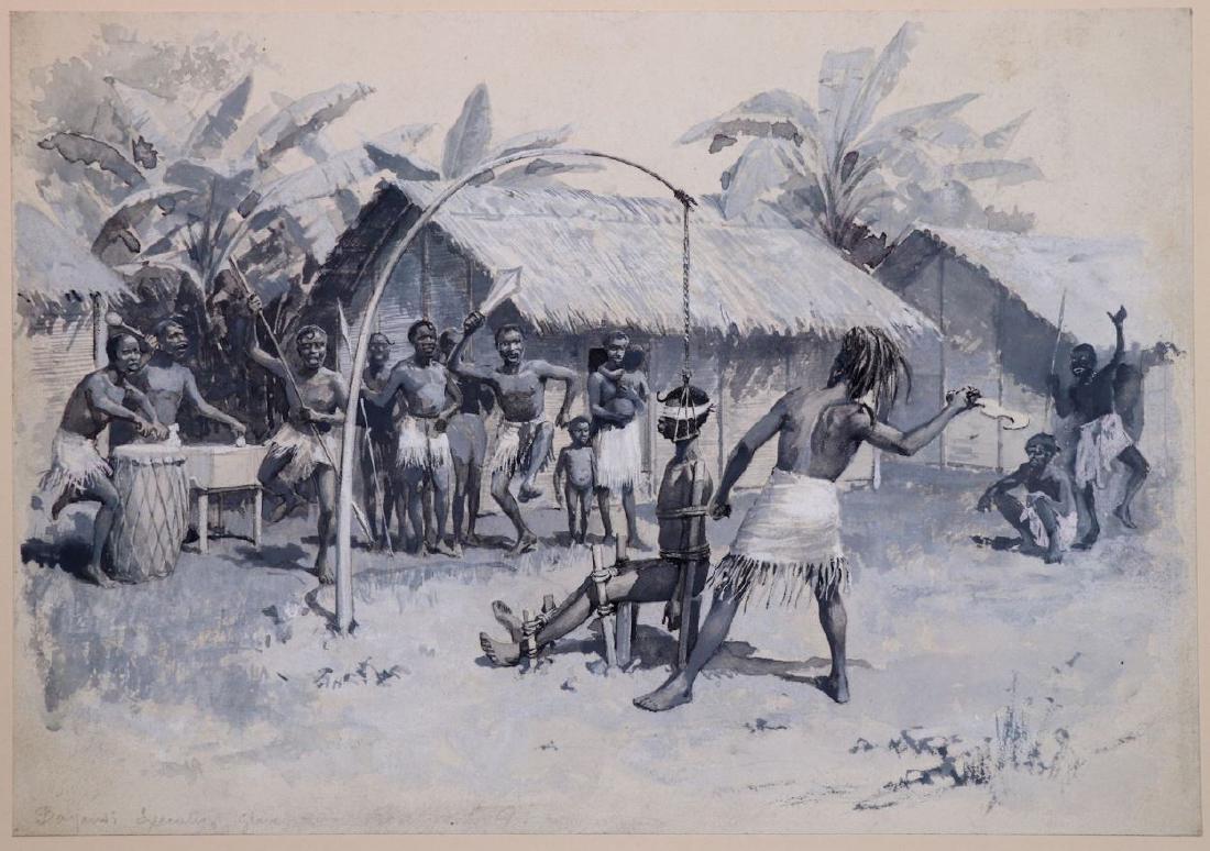 [Slavery, Africa] Watercolor, Bayansi Execution: Bayansi Executing Slave." Blue watercolor on paper, laid down onto board and matted, title in pencil to lower left. 19th century. 10" x 7". Some light toning to two left corners, a few spots of foxing