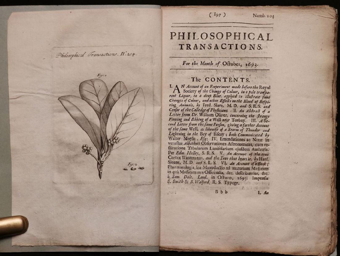 [17th c. Science, Hally & Flamstead]: Pair of issues: PHILOSOPHICAL TRANSACTIONS. NUMB. 129. London: Martyn, 1676. 4to in modern paper wrappers. Folding frontis, 711-750 pp. Some light and faded marginal water-stains, else Very Good. Incl