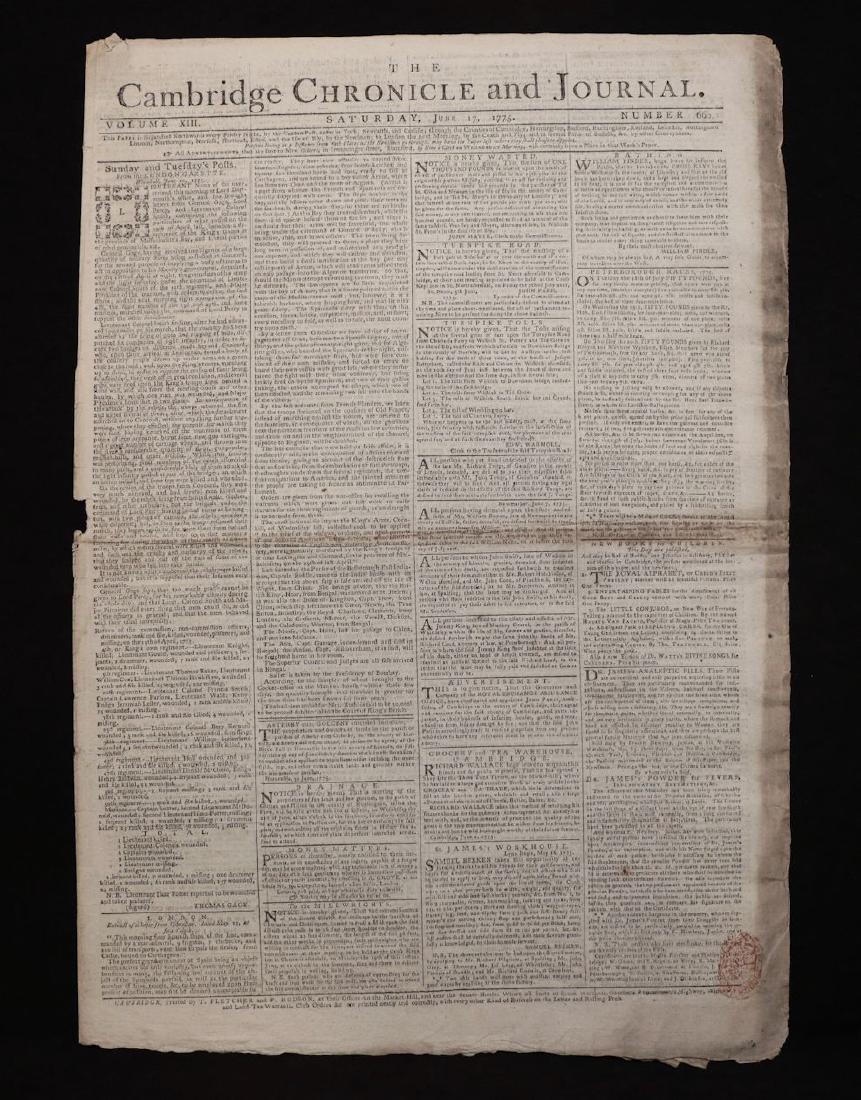 [Battles of Lexington & Concord]: THE CAMBRIDGE CHRONICLE AND JOURNAL. Cambridge: Fletcher and Hodson, June 17, 1775. 18.75" x 13". 4 pp. Revenue stamp to lower corner, minor soiling along fore-edge, light wear along fold, Good. *****