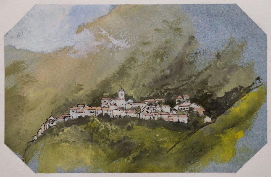 Edward Lear. Original Italian Hill-Top Scene: Edward Lear (British, 1812 - 1888). Landscape of an Italian hill-top town. Ca. 1838, unsigned. Pen and black ink, gouache, over pencil, on blue wove paper, 104 x 160 mm. (4" x 6.25"), inscribed verso