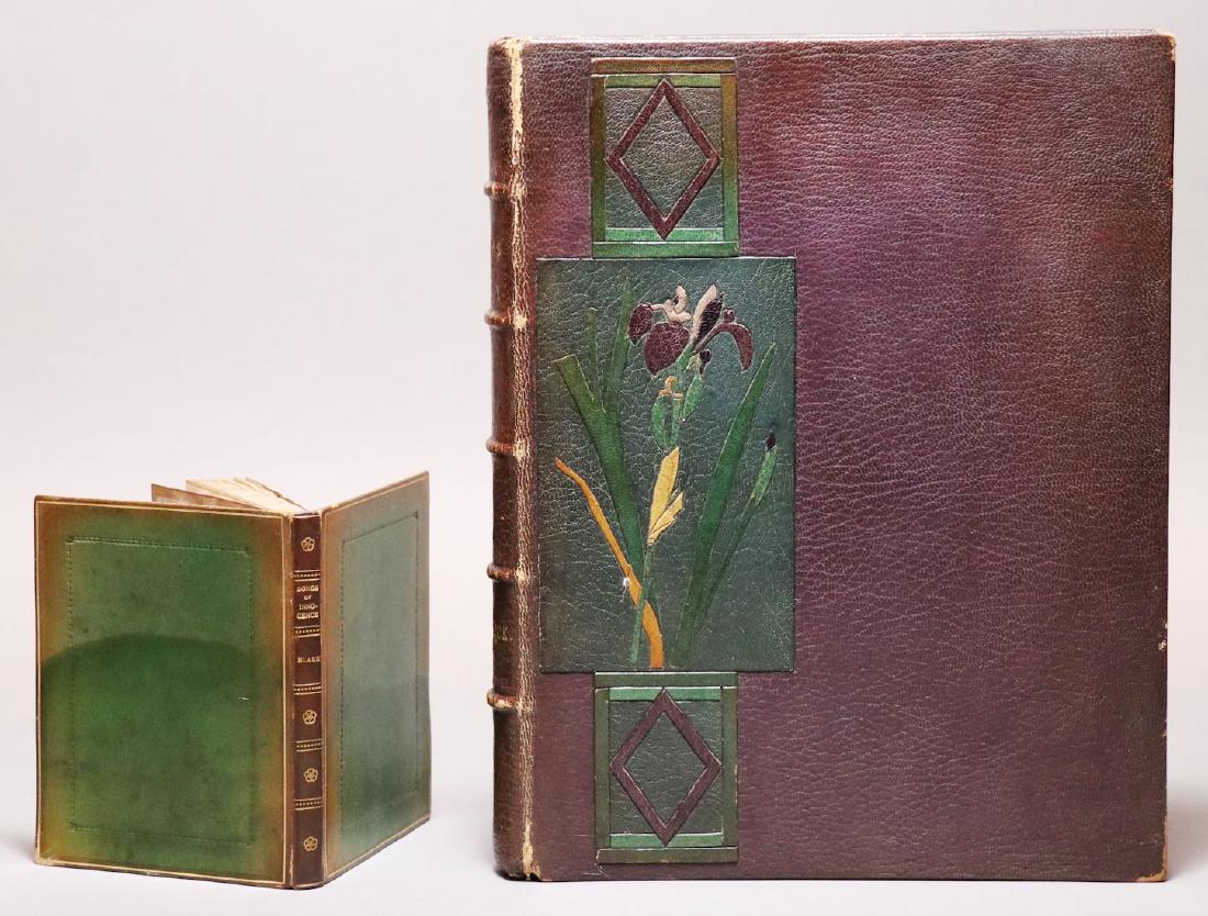 [Bindings, William Blake, Onlays]: Pair of bindings, including: *** 1: Blake, William. Songs of Innocence. London: Humphreys, 1911. 5.25" x 4.25". 63 p. with fine engraved plates mounted to leaves. IN FULL GREEN CALF BY SANGORSKI & SUT