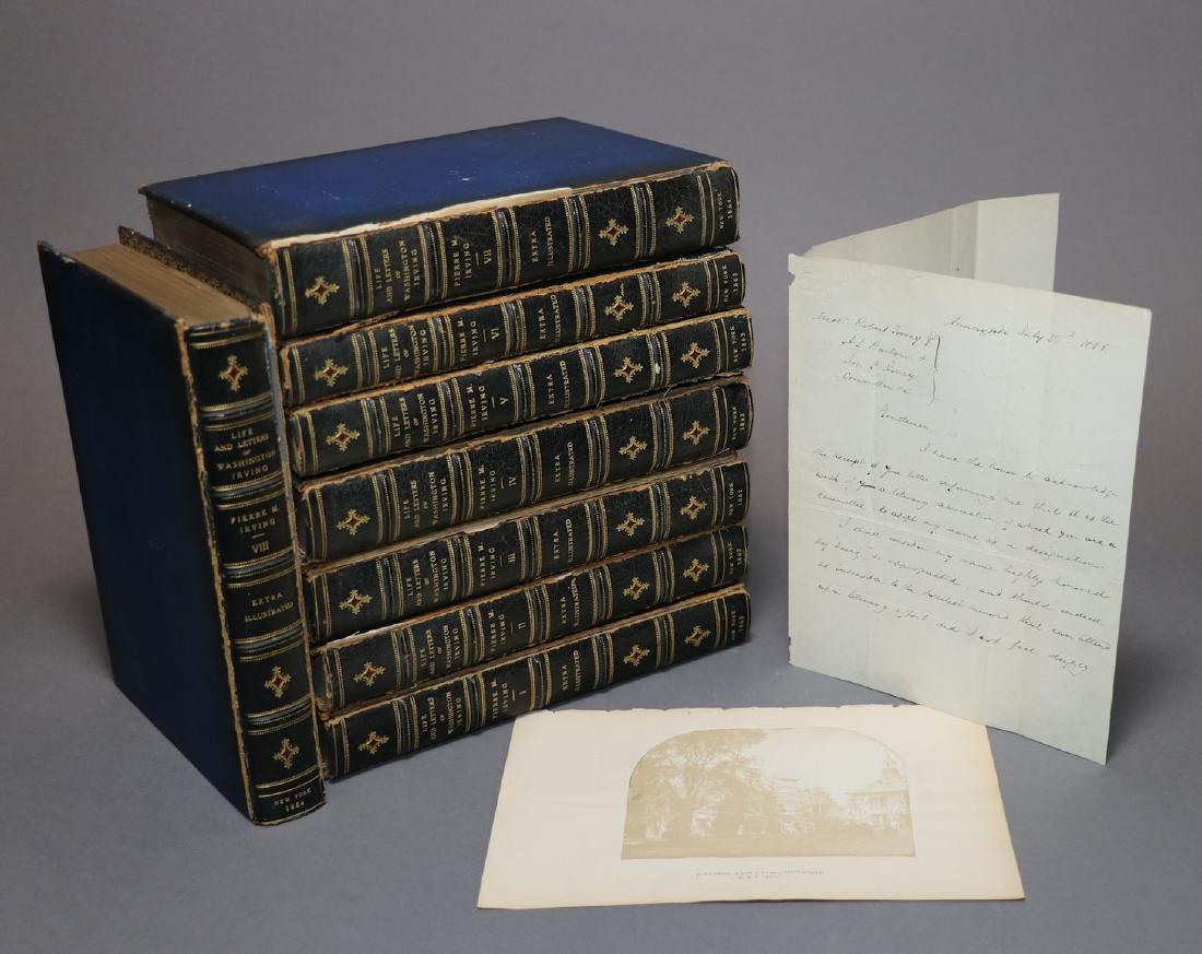 Washington Irving, ALS, Photo, and Book Set: Lot of items, Washington Irving, to include: * 1: Autograph letter signed by Washington Irving. Sunnyside, July 20th, 1855. 8" x 6.5". 2 p. Creased, Good. Addressed to Robert Torrey Jr. and three othe