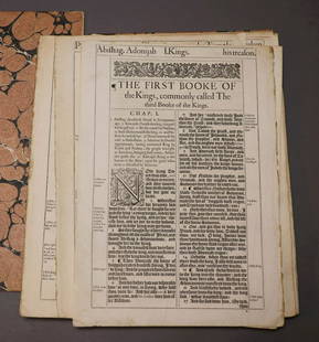 King James "She" Bible, Substantial Fragment, 1611: A substantial disbound fragment of a King James 1611/1613 "She" Bible. Folio, measuring 15.5" x 10.75". Nearly 200 pages, all disbound, some intact bifolia. Contains the following: Amos 2 through Haba