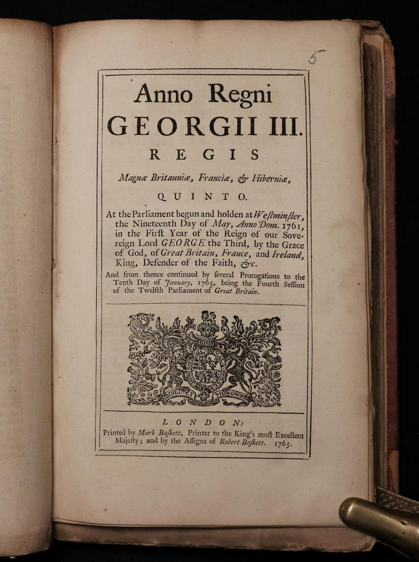 [Quartering] British Acts, 1760 - 1780: Bound collection of 19 British Acts, all of which are: AN ACT FOR PUNISHING MUTINY AND DESERTION; AND FOR THE BETTER PAYMENT OF THE ARMY AND THEIR QUARTERS. Published in London, 1760, 1762–68, 1770�