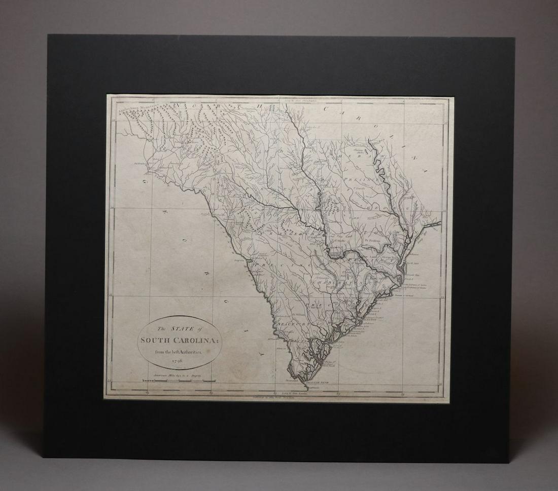 [Map] The State of South Carolina 1796: Tanner, Benjamin. "The State of South Carolina: from the best Authorities." New York: John Reid, [ca. 1796.] On heavy laid. Measuring from neat-lines 17" x 15". Lower edge remargined, mild toning, one