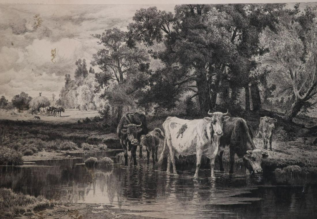 Large Etching by Peter Moran, 1887, Signed: Moran, Peter (1841-1914). Etching, cows at river. 1887. Signed by Moran in pencil (lower right.) Image measures 23.5" x 15.75. Chip to lower margin, some other marginal tears, spots of soiling/stainin