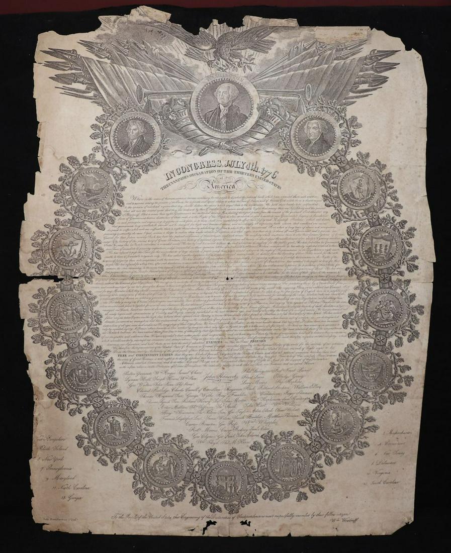 [Americana] Declaration of Independence: William Woodruff. Unusual 19th century Lyon imprint of this lithographed Declaration of Independence. Measures 25" x 19". A rather tired example with margins chipped, a couple of creases (as folded) s