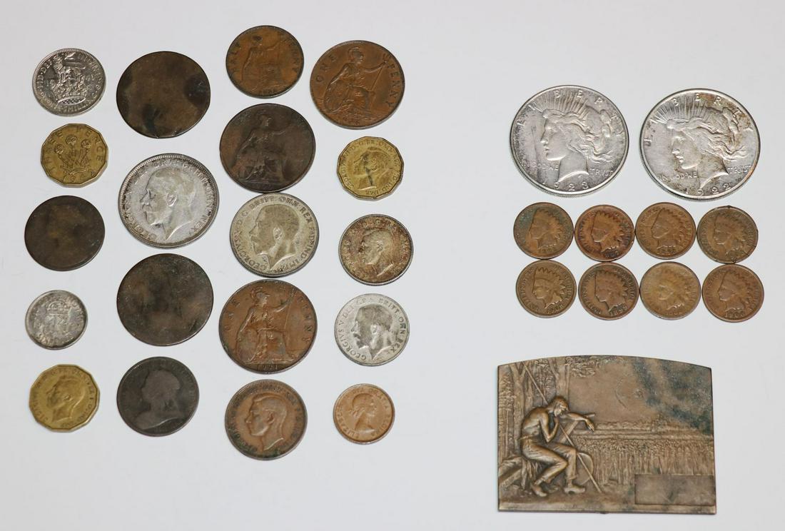 [Coins, Collection, Silver Peace Dollars, Others]: Collection of coins, sold as-is. Includes 2 silver Peace Dollars (1922 and 1923), 8 Indian head pennies (1899,1908, 1887, 1902, 1882, 1900, 1891, 1893), and numerous British coins. 29 coins in all, +