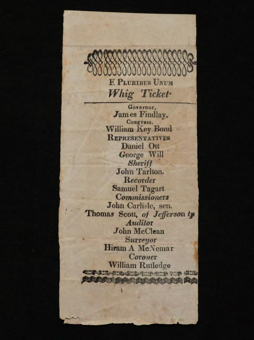 [American Whigs, 1834 Election Ticket, Ohio]: Whig election ticket for Ohio, 1834. 6" x 2.5". Lightly foxed and stained, old creases, Good. Ticket for the new Whig Party which was formed to oppose Andrew Jackson's use of Presidential powers. Jame