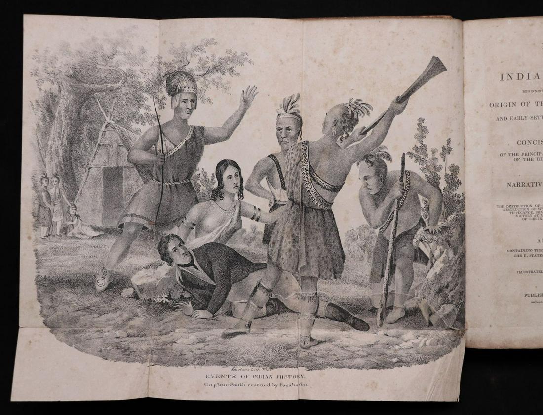 Origin of American Indians, 1844: [Wimer, James.] EVENTS IN INDIAN HISTORY, BEGINNING WITH AN ACCOUNT OF THE ORIGIN OF THE AMERICAN INDIANS. Lancaster: G. Hills & Co., 1841. 8vo. 633 pp. + 8 folding plates (one plate almost entirely l