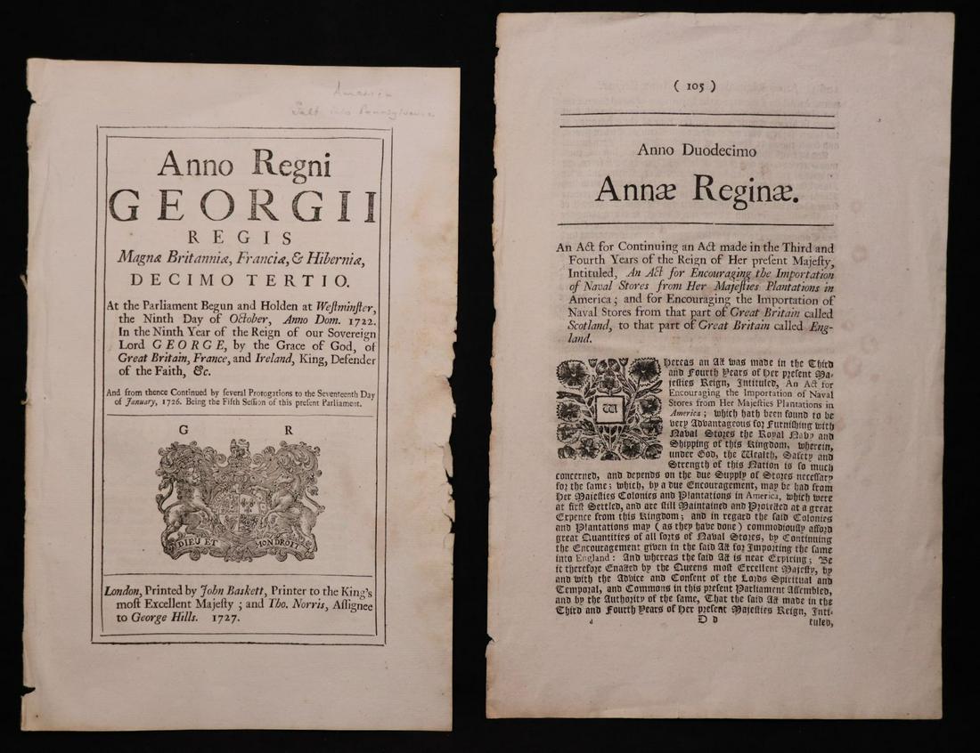 [Americana, Pennsylvania] Pair of 18th c. Acts: "An Act for Importing Salt from Europe into the Province of Pensilvania in America." London: Baskett, 1727. 4p. Sold With: "An Act Continuing an Act… Encouraging the Importation of Naval Stores from