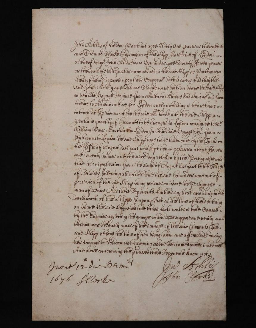 17th c. Maritime, MS Affidavit, Ship Captured (1 of 3)