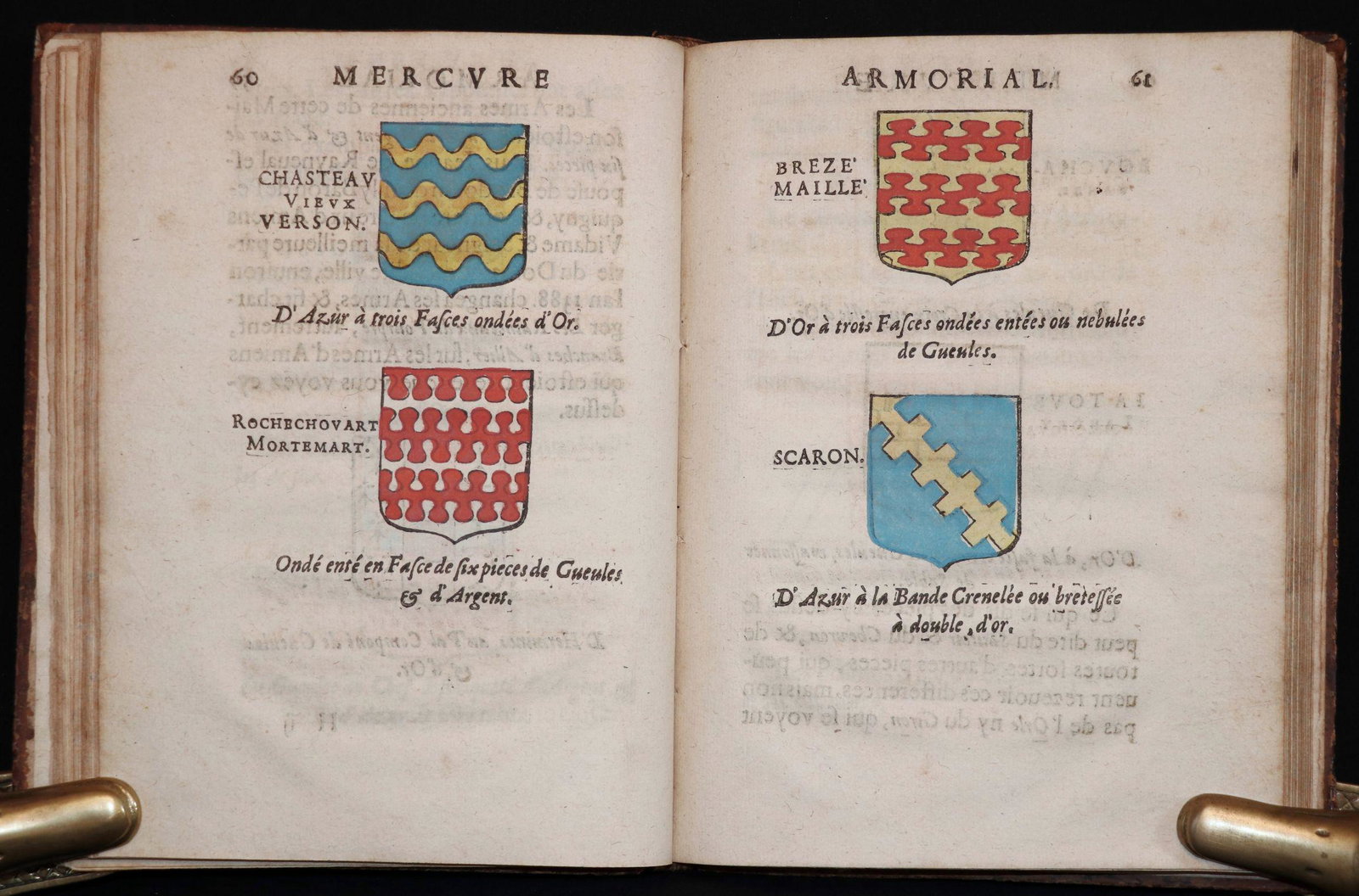 [Heraldry, Coats of Arms, 1652]: Segoing, Charles. MERCURE ARMORIAL ENSEIGNANT LES PRINCIPES & ELEMENS DU BLAZON DES ARMORIES…. Paris: Pierre Aubouyn, 1652. 4to. [10, including half-title], 1-128, 127-199, 100-105 [i.e. 106], [16] 