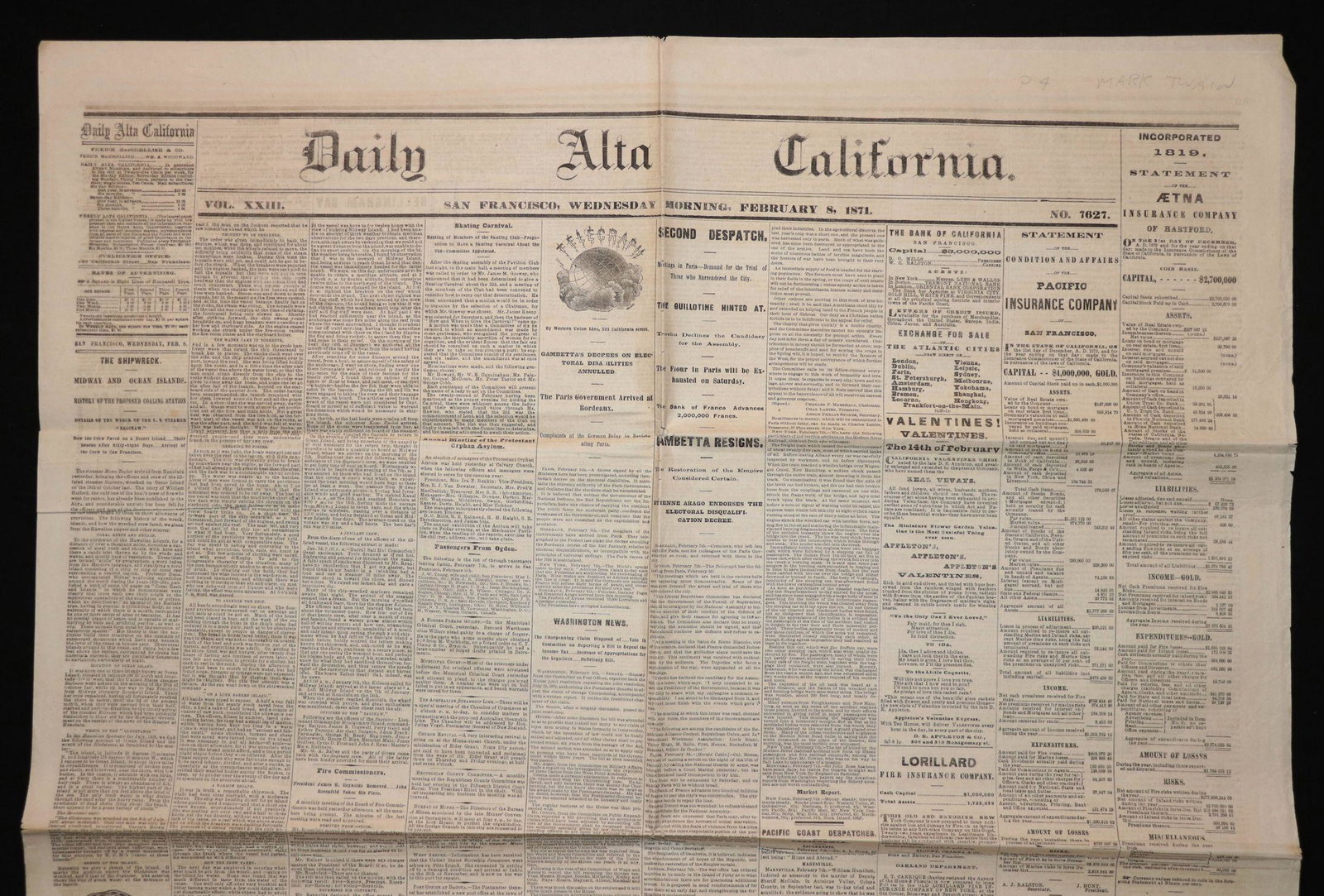 Mark Twain, "The Danger of Lying in Bed": Mark Twain. "The Danger of Lying in Bed." An article, appearing in the Daily Alta California newspaper. San Francisco, Wednesday Morning, February 8, 1871. 31.5" x 25". 4 pp. ****************** A witt