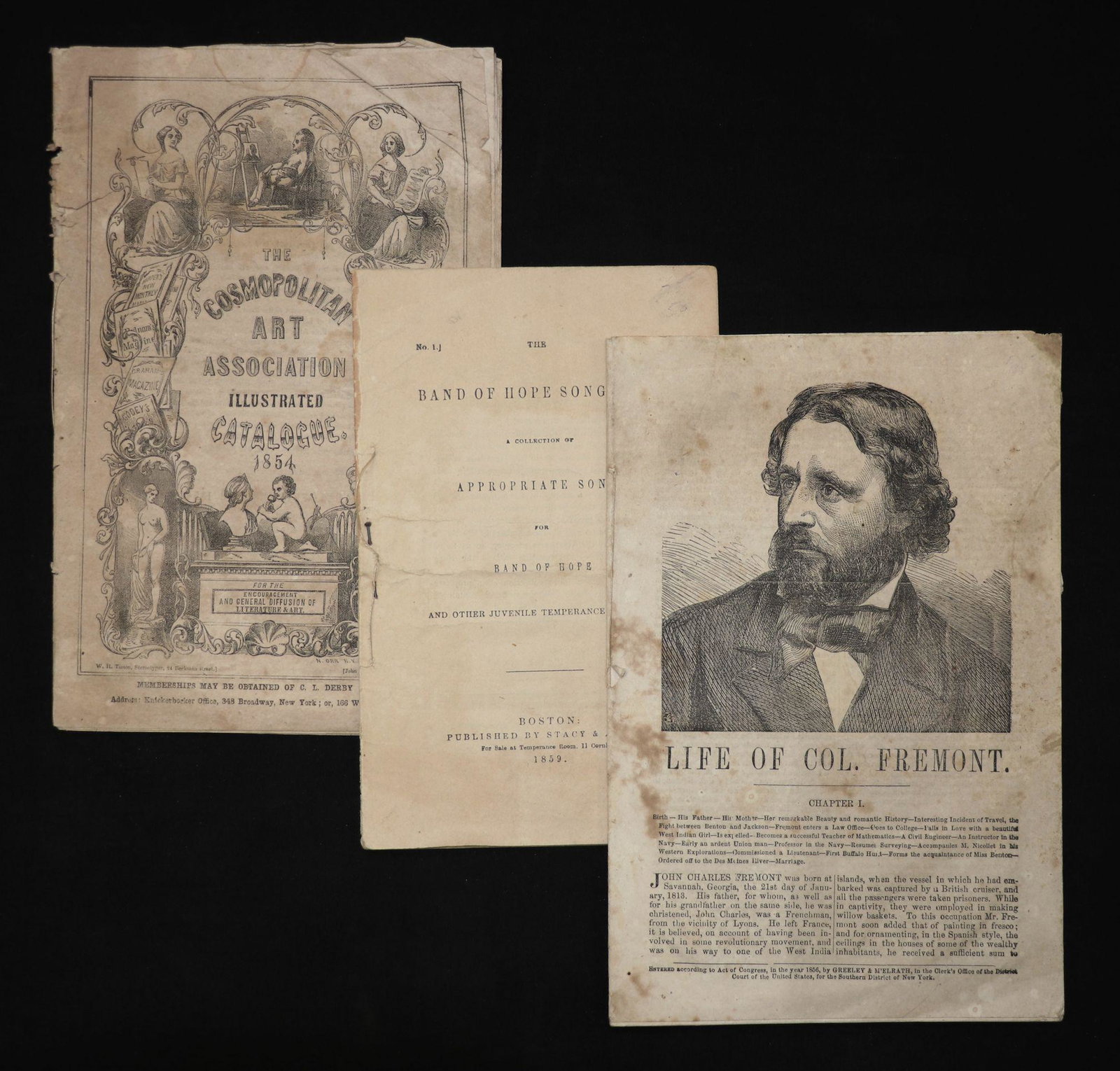 [Lot of 19th c. American Pamphlets]: Lot of 3, including: ** THE BAND OF HOPE SONGSTER… FOR…JUVENILE TEMPERANCE MEETINGS. Boston, 1859. 23, [1] pp. Fair to Good. ** LIFE OF COL. FREMONT. [NY] 1856. 32 pp., with woodcut illustrations.