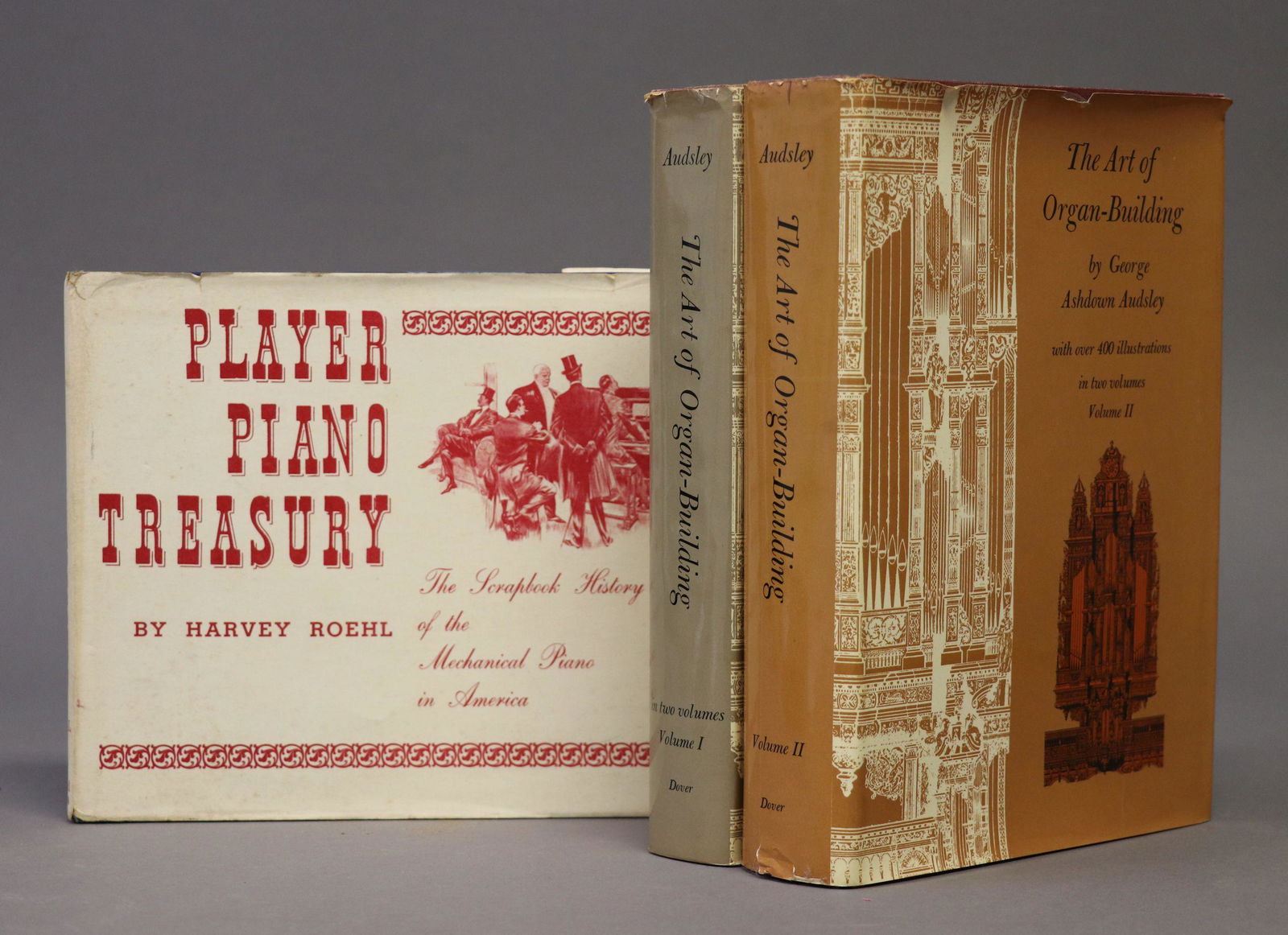 [Pianos, Organs]: Lot of 2, including: ** Audsley, George Ashdown. THE ART OF ORGAN BUILDING. NY, ca. 1965. 8vo. 2 vols. Hardcovers in jackets. Jackets with light tearing, creasing, book and contents clean. Overall VG.