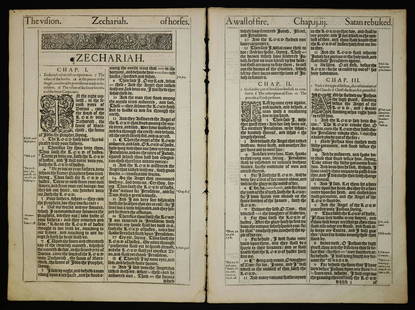 King James "She" Bible Fragment: Fragment from a King James folio "She" Bible. London, 1611/1613. Contains the complete books of Malachi and Zechariah. 15.5" x 10.5". [14] pp.