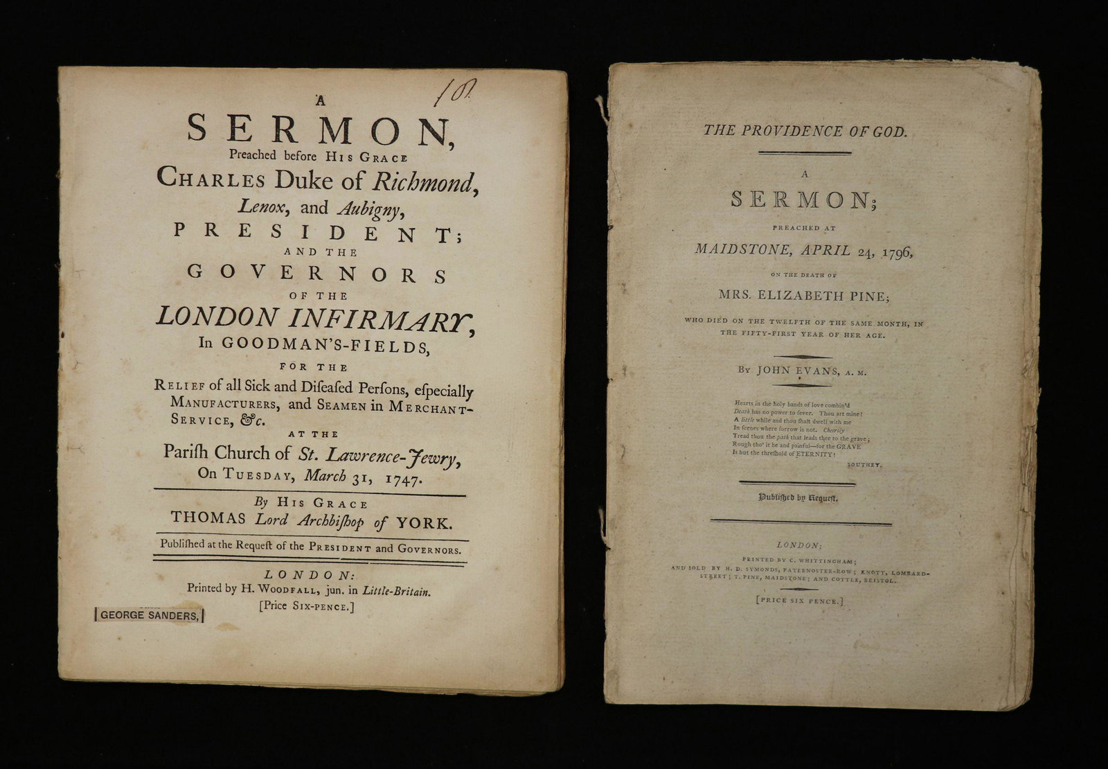 Pair of 18th c. Sermons: A pair, including: ** Herring, Thomas. A SERMON PREACHED BEFORE HIS GRACE CHARLES DUKE OF RICHMOND, LENOX… FOR THE RELIEF OF ALL SICK AND DISEASED PERSONS, ESPECIALLY MANUFACTURERS, AND SEAMEN IN ME