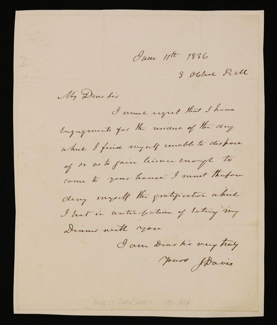 [Mass.] Honest John Davis, ALS: Autograph letter signed by John Davis (known as "Honest John"), June 11th, 1836. 1 pg., on 4to leaf, laid down onto support sheet. **************** John Davis (1787-1854), Massachusetts Senator and Go