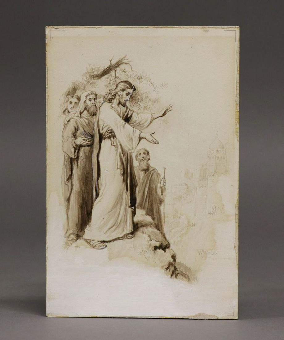 [Painting/Wash] William J. Webb: William J. Webb (British, fl. 1853-1878.) Christ weeping over Jerusalem. Ink wash painting on card, 7" x 4.5", signed lower right. Captioned in manuscript to back, quoting Matthew 23:37, "O Jerusalem 