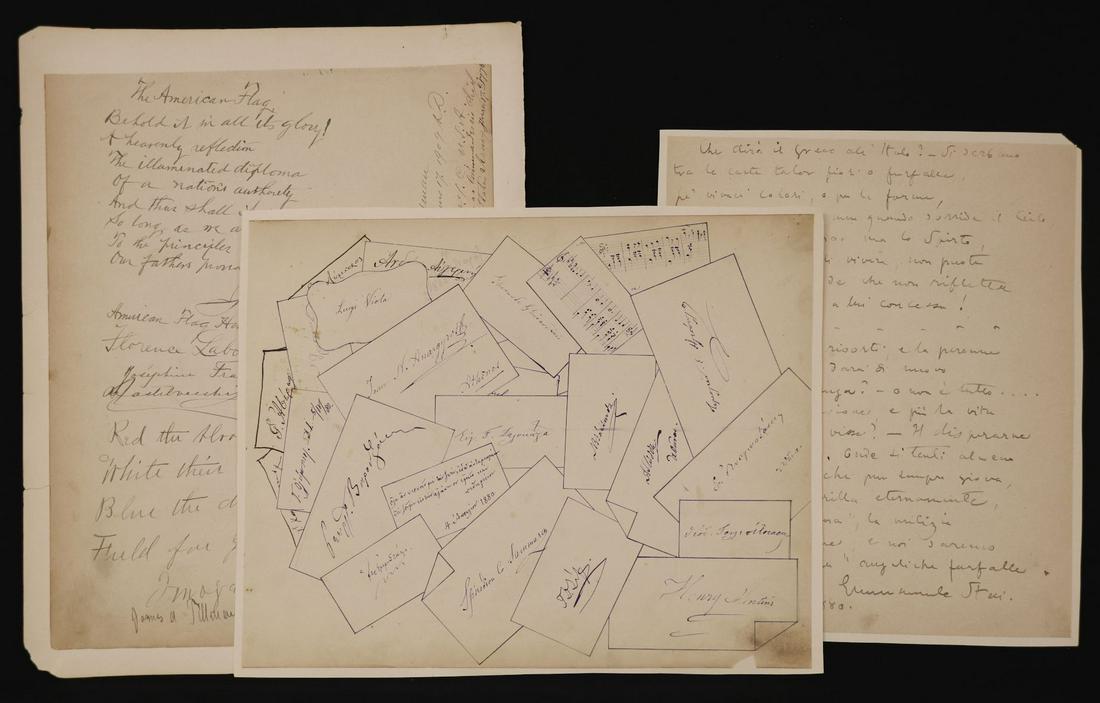 [Poetry, Music, Ephemera]: Lot of 3 items, all laid down onto album leaves, including: ** Manuscript Italian poem (Emmanuele Stein?) dated 1880. 4to leaf, wove. ** Manuscript copy of poem "The American Flag" with several other 