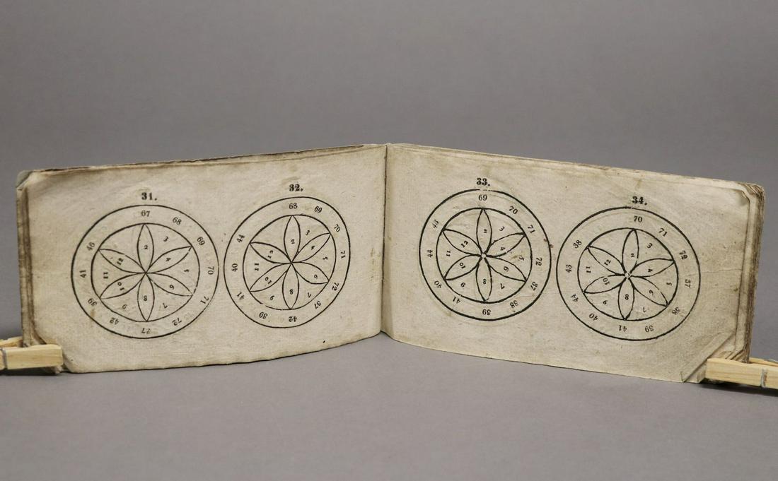 [Astrology, Scandinavian, 1832]: A rare Swedish astrological book, printed in Orebro in 1832. 7" x 4", bound oblong, in original marbled paper wrappers. Collates A–F8 (appears complete), includes section of woodcut leaves. An inter