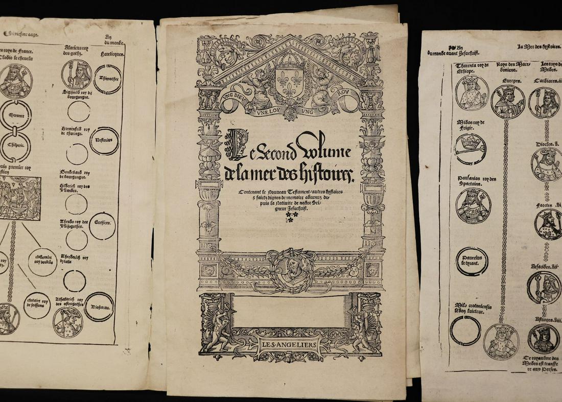 [Woodcuts, Collection of 16th Leaves]: Collection of 8 leaves, some with woodcuts, from "Le Second Volume de la mer des histoires," printed in Paris in the 1550s. Folio, 12.75" x 8.25". Sold as found, as-is, see photos.