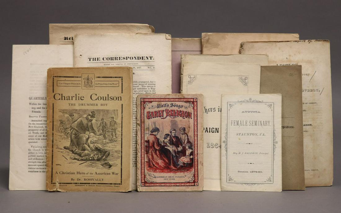 Collection of American Tracts: Lot of 13 19th c. American tracts, 8vo and smaller, some in wrappers, some disbound, overall Good condition, including: ** Augusta Female Seminary, Staunton, VA, Session 1879-80. Pamphlet ** The Way o