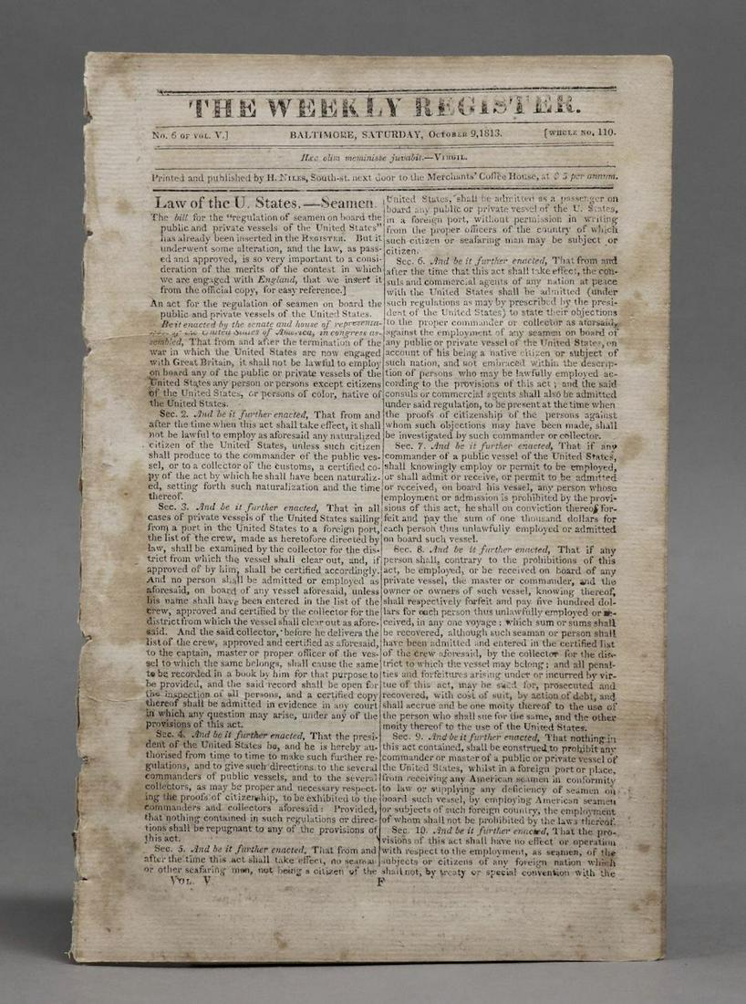 [War of 1812, Tecumseh]: "The Weekly Register. Baltimore, Saturday, October 9, 1813." 8vo, disbound. 89–104 pp. Includes much material on the war of 1812, including discussion of Tucemseh, a list of prizes taken, and more.