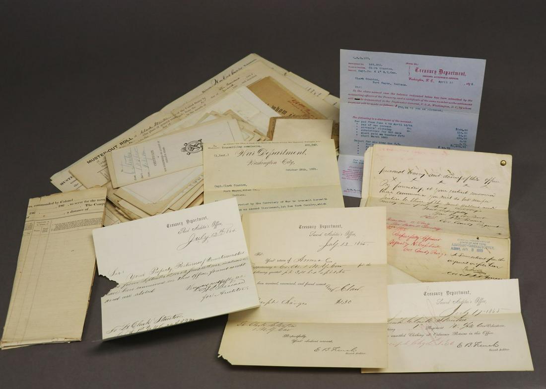 [Civil War, Archive, Clark Stanton, New York]: Large archive concerning Clark Stanton, a member of the 1st reg. Cav. On the NY state Volunteers, appointed Captain in 1865, earlier serving as a Leutinant. Includes his partially printed military app