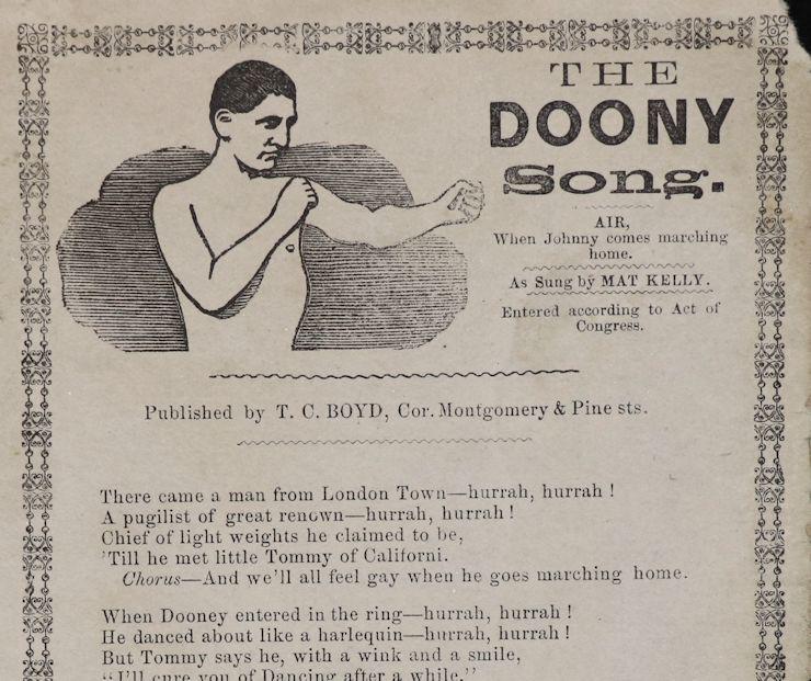 [Pugilism] Rare Boxing Broadside, 19th c.: A rare boxing broadside (8" x 4.5"), published in San Francisco, containing a song telling the story of a fight between Tom Chandler and Dooney Harris in San Pablo, California. American boxer Tom Chan