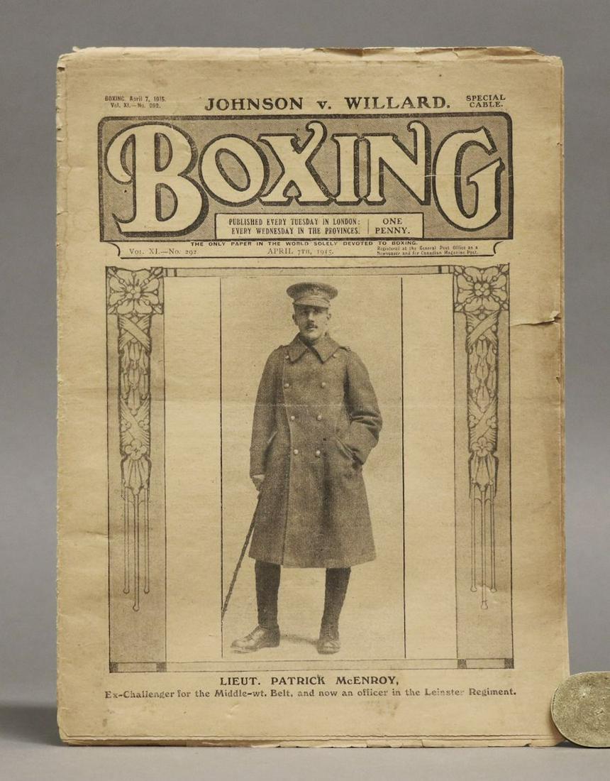[Pugilism] Boxing Periodical: BOXING, APRIL 7TH, 1915. London, 1915. 11.5" x 8.5". [1], 378–400 pp. *************** Including a racist report on Willard's victory over Jack Johnson, entitled "The White Race Returns to its Own."