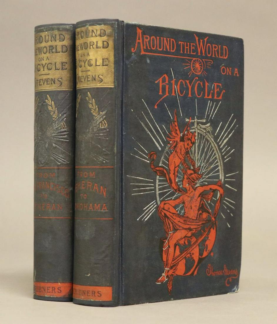 Around the World on a Bicycle: Stevens, Thomas. AROUND THE WORLD ON A BICYCLE FROM SAN FRANCISCO TO TEHERAN... TO YOKOHAMA. New York: Scribner's, 1889. 2 vol, 8vo. Color frontis, xvii, [1], 547, [15, inc. ads]; portrait frontis, xi