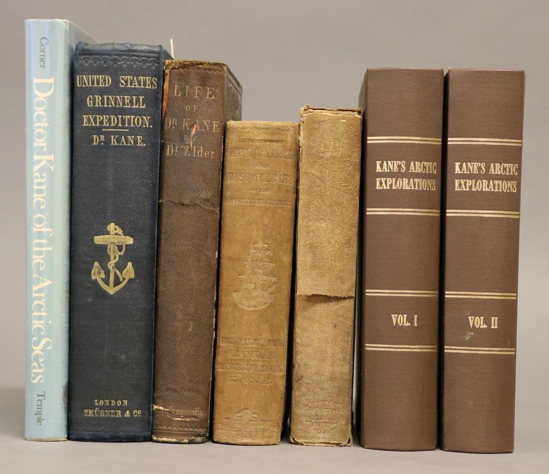 [Elisha Kane, Arctic Explorations, Shelf-Lot]: Lot of 6 books in 7 volumes, all related to the Arctic exploration, mostly 8vo, some illustrated, sold as-is, including: ** Kane. THE UNITED STATES GRINNELL EXPEDITION IN SEARCH OF JOHN FRANKLIN Phila