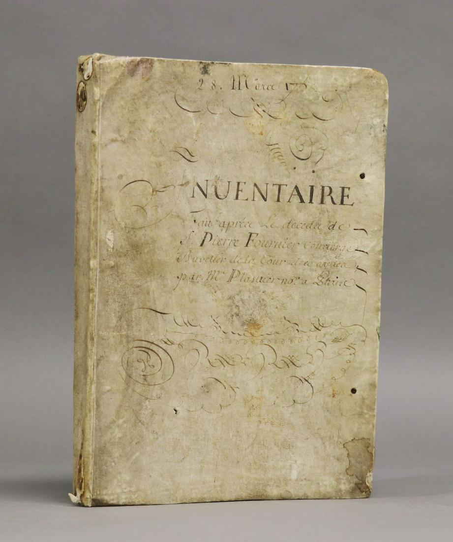 French Folio Manuscript, 1762: Manuscript in French. 28 March, 1762. "Inventaire… Le deceder de S. Pierre Fournier…" 12.5" x 8.5". 153 numbered leaves. Bound in period full vellum with manuscript to front cover. ***************