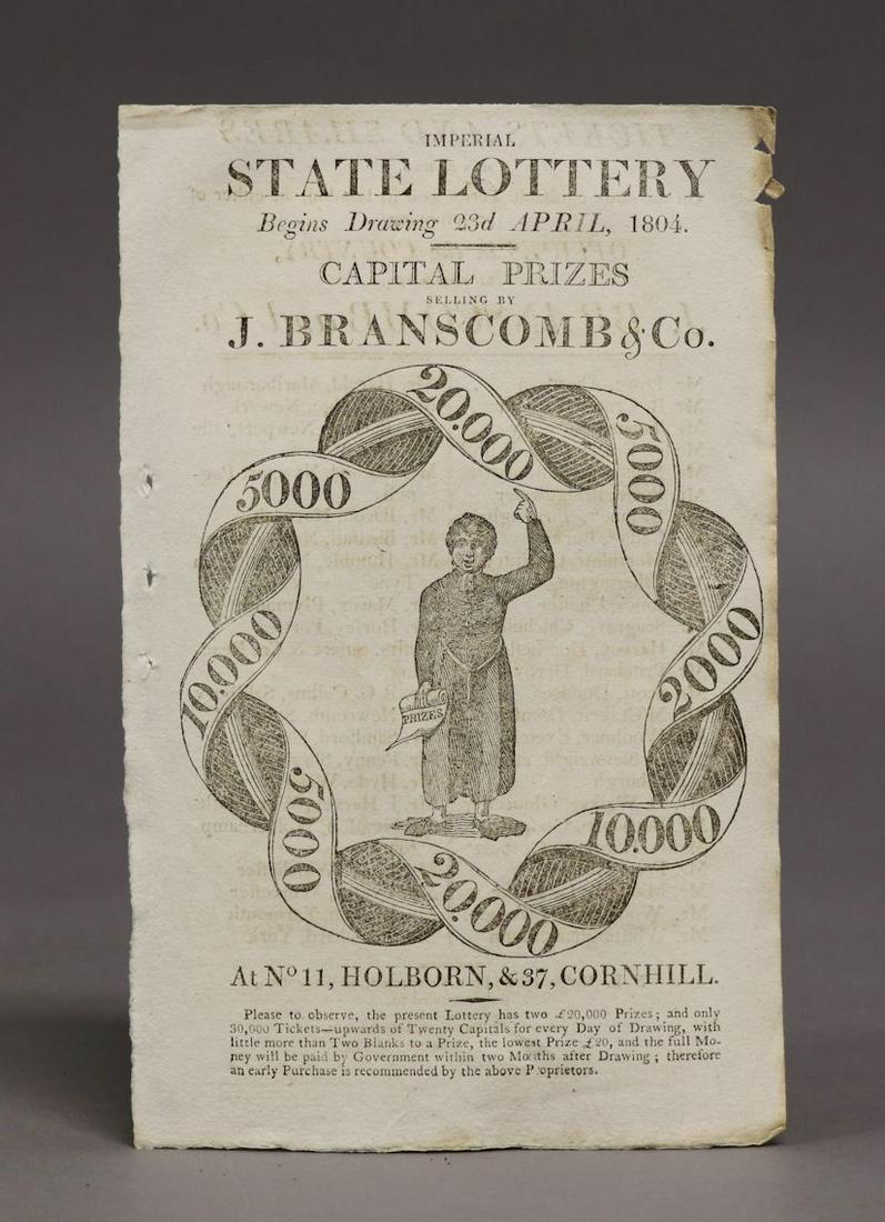 State Lottery Broadside, 1804: [Broadside] Imperial State Lottery Begins Drawing 23d April, 1804. [London]: Evans and Ruffy, [1804.] 8vo, printed recto and verso, a lottery advertisement, with list of ticket sellers to back. Scarce