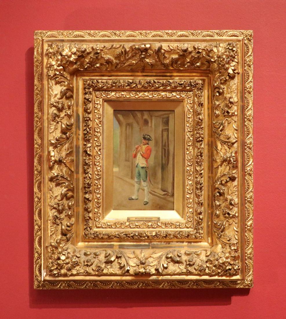 Maurice Blum, 19th c. Painting in Elaborate Frame: Maurice Blum (French 1832-1909.) Soldier with Pipe. 19th century oil on wooden panel, signed by Blum lower left. Framed behind glass in an impressive and elaborate period gilt frame. Painting 9.75" x