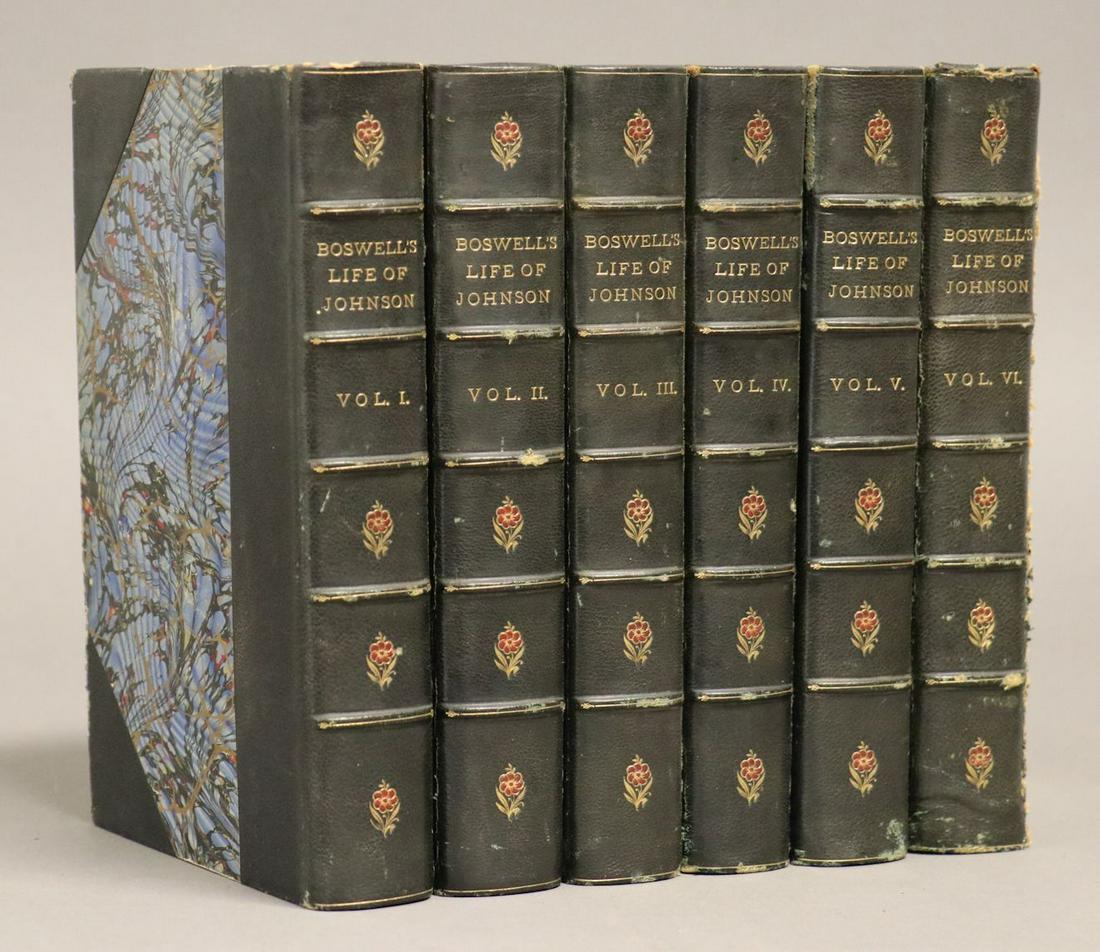 [Bindings] Boswell's Life of Johnson: BOSWELL'S LIFE OF JOHNSON… EDITED BY GEORGE BIRKBECK HILL. New York: Harper & Brothers, 1891. 6 v. 8vo. Illustrated. Bound in period navy 1/2 morocco by Estes & Lauriat, with red flower onlays to sp