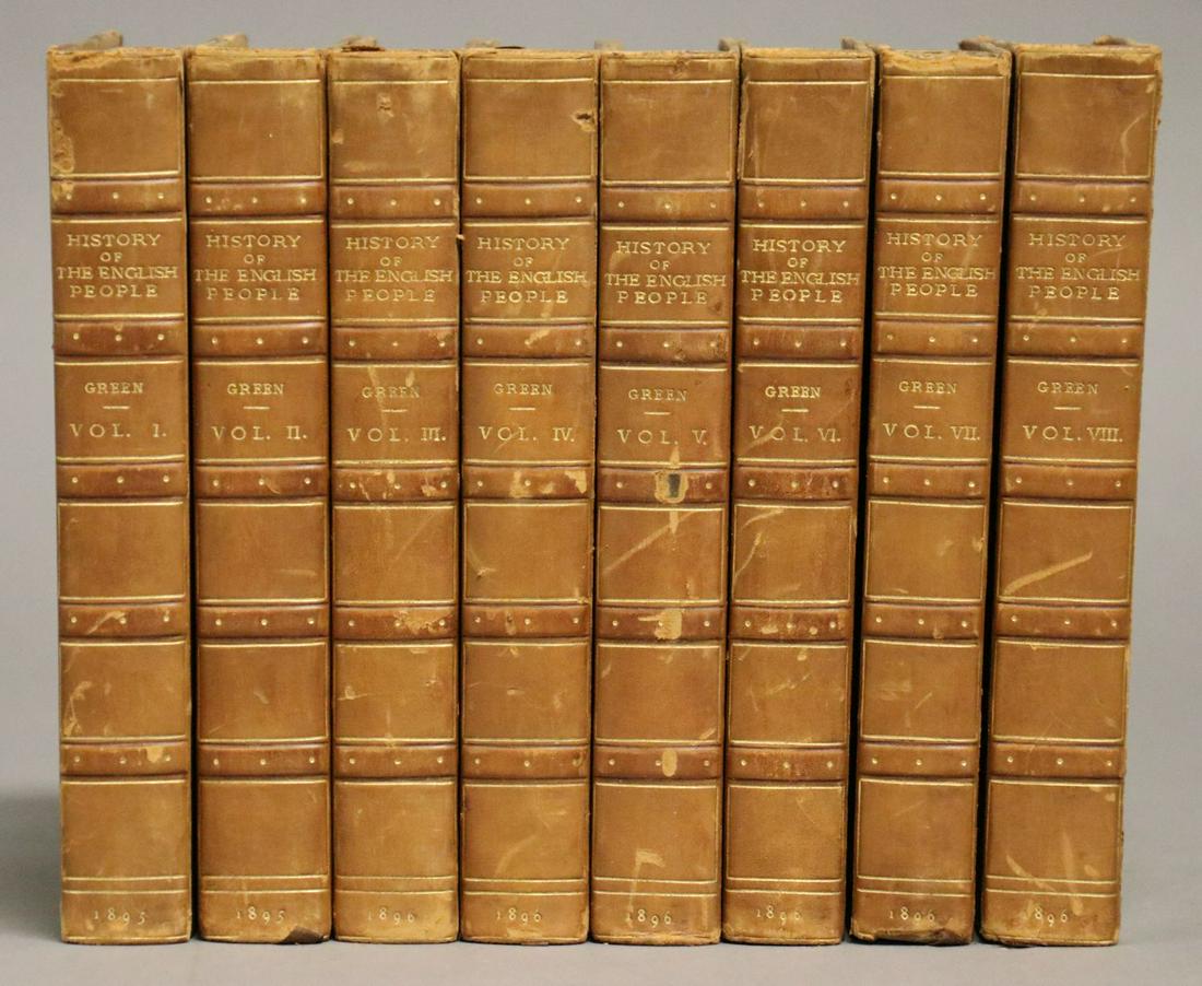 [Bindings] History of the English People: Green, John Richard. HISTORY OF THE ENGLISH PEOPLE. London: Macmillan, 1895. 8vo. 8 vol. Bound by Hatchard's in period 1/2 calf over cloth, t.e.g. An attractive set.