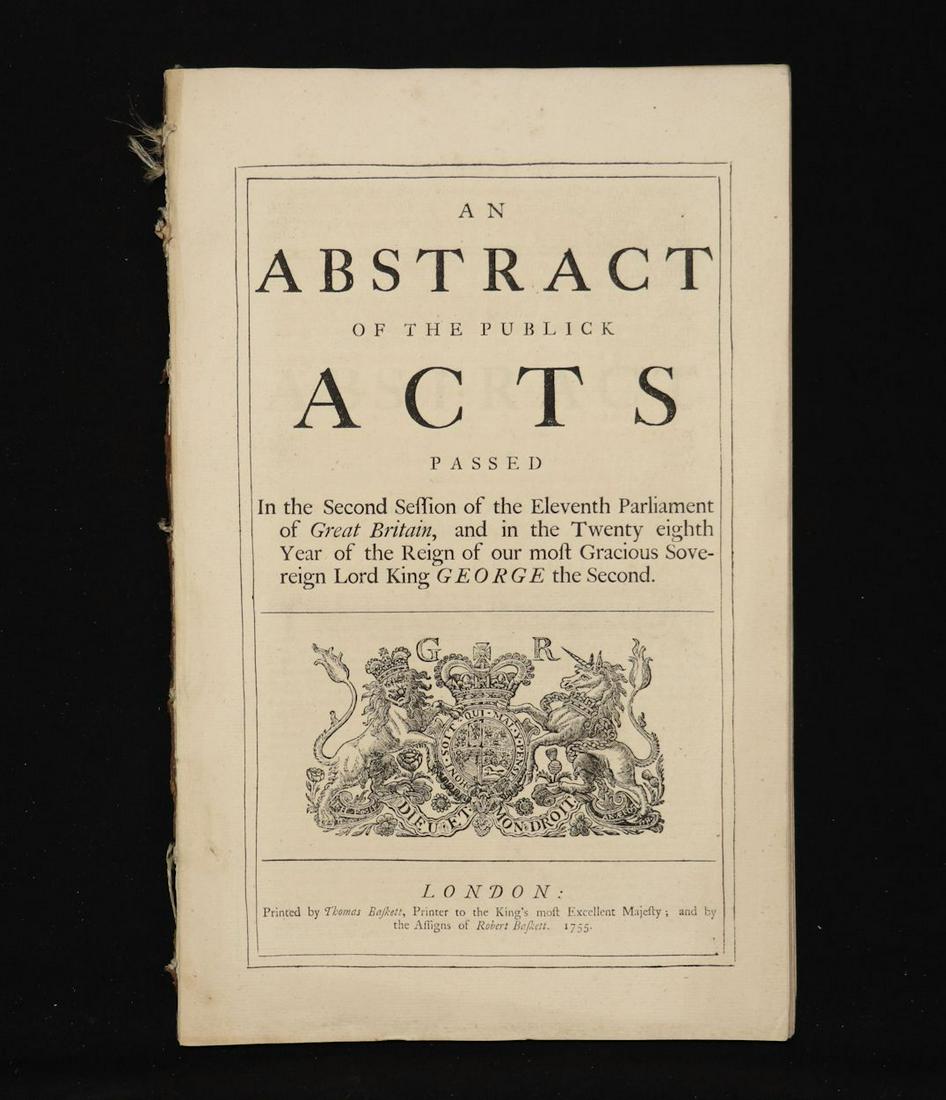 [Whaling, Indigo in America] Acts, 1755: AN ABSTRACT OF THE PUBLICK ACTS PASSED IN THE SECOND SESSION OF THE ELEVENTH PARLIAMENT… KING GEORGE THE SECOND. London: Thomas Baskett, 1755. Folio, disbound. 74, [2] pp. with Contents leaf at end.