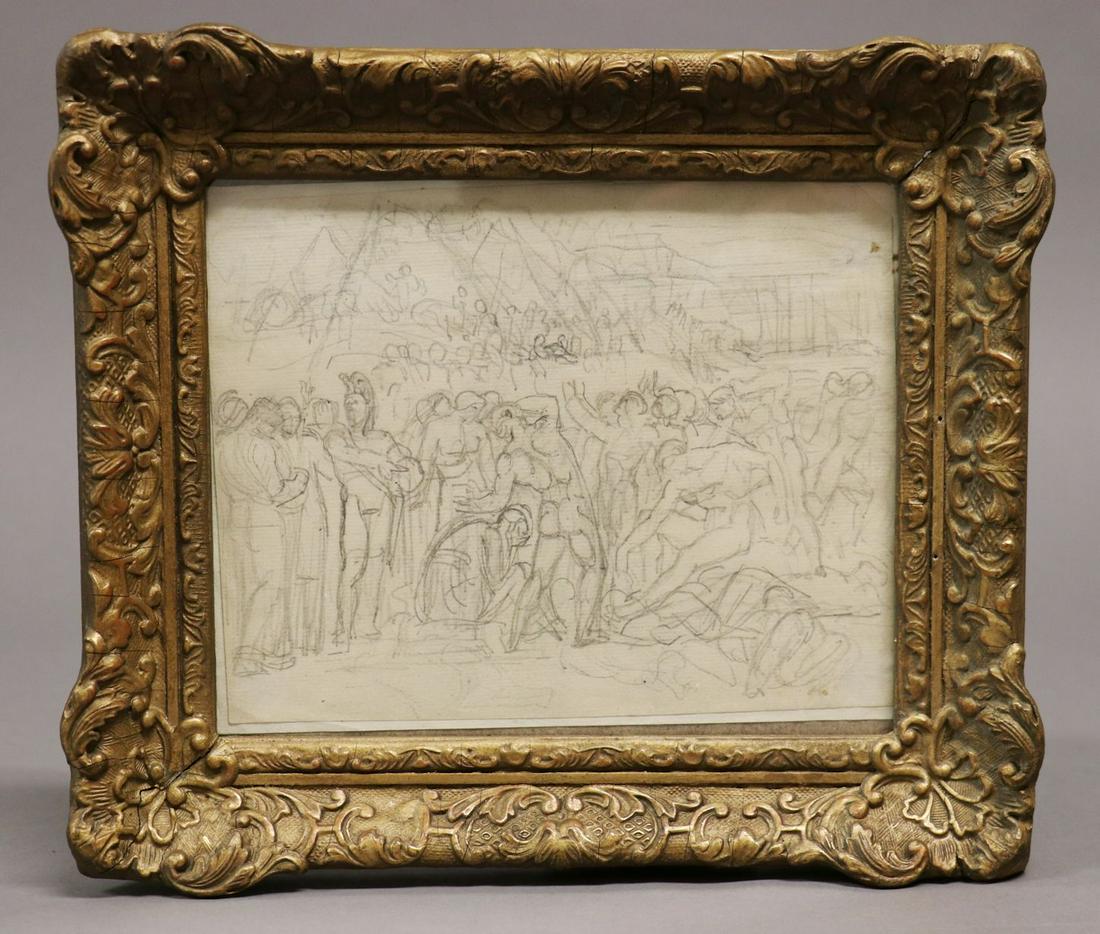 Joseph Anton Koch, Original Sketch: Joseph Anton Koch (Austrian, 1768-1839), attributed. Pencil sketch, likely a drawing made from Ossian's poem "Fingal." Attributed to Koch by the Thorvaldsen Museum, with accompanying letter taped to r
