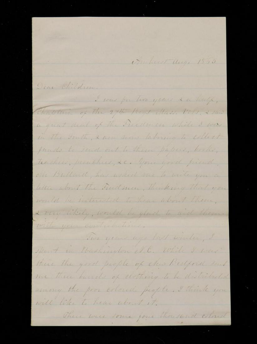 [Slaves in the Carolinas, 1865]: August, 1865. Manuscript letter from C. L. Woodworth to his children providing a detailed account of the condition of free slaves in the Carolinas. "Although many an[sic] one confessed that he went hu
