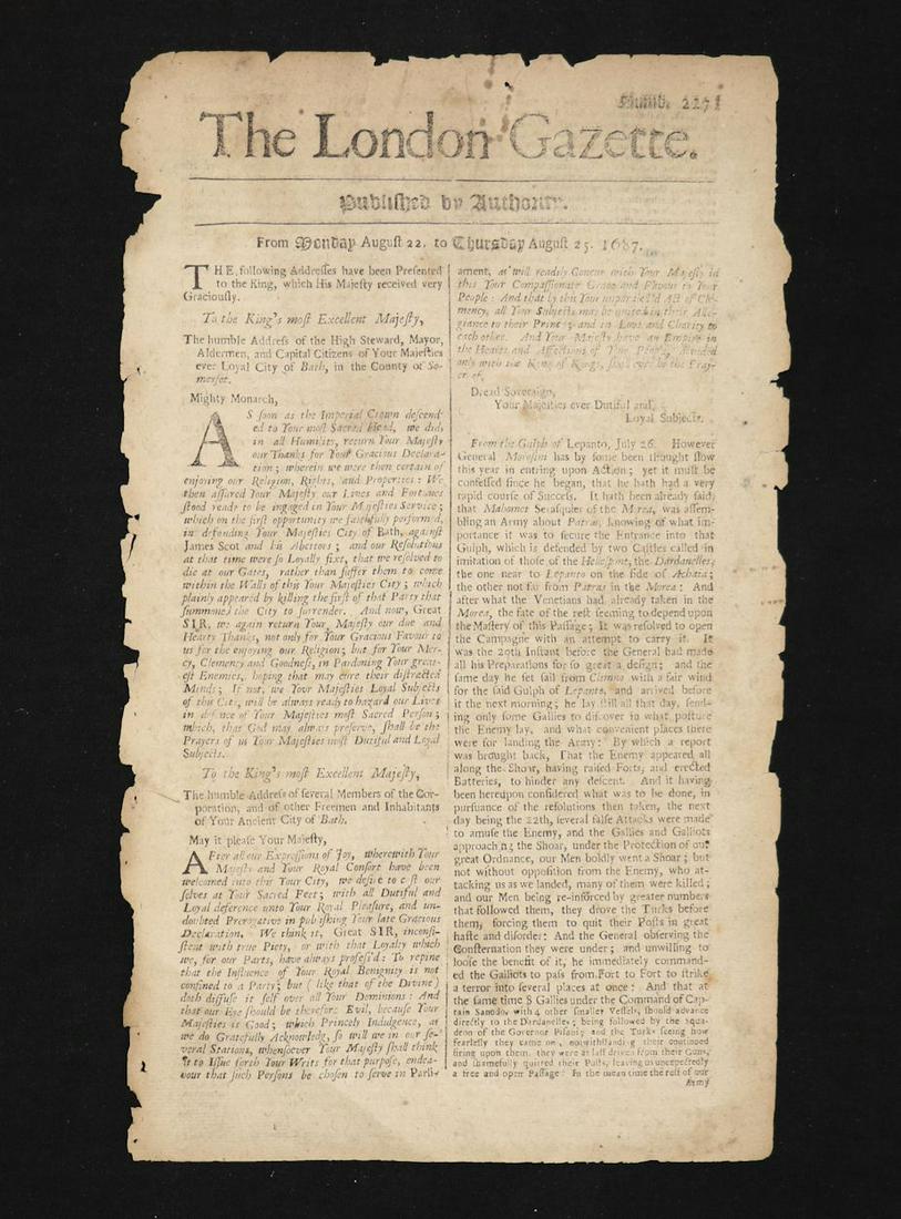 Battle at Lepanto: The London Gazette. August 25, 1687. Folio, 2 pp. ************ With article concerning a battle with Turks at Lepanto, including a detailed account of the fighting.
