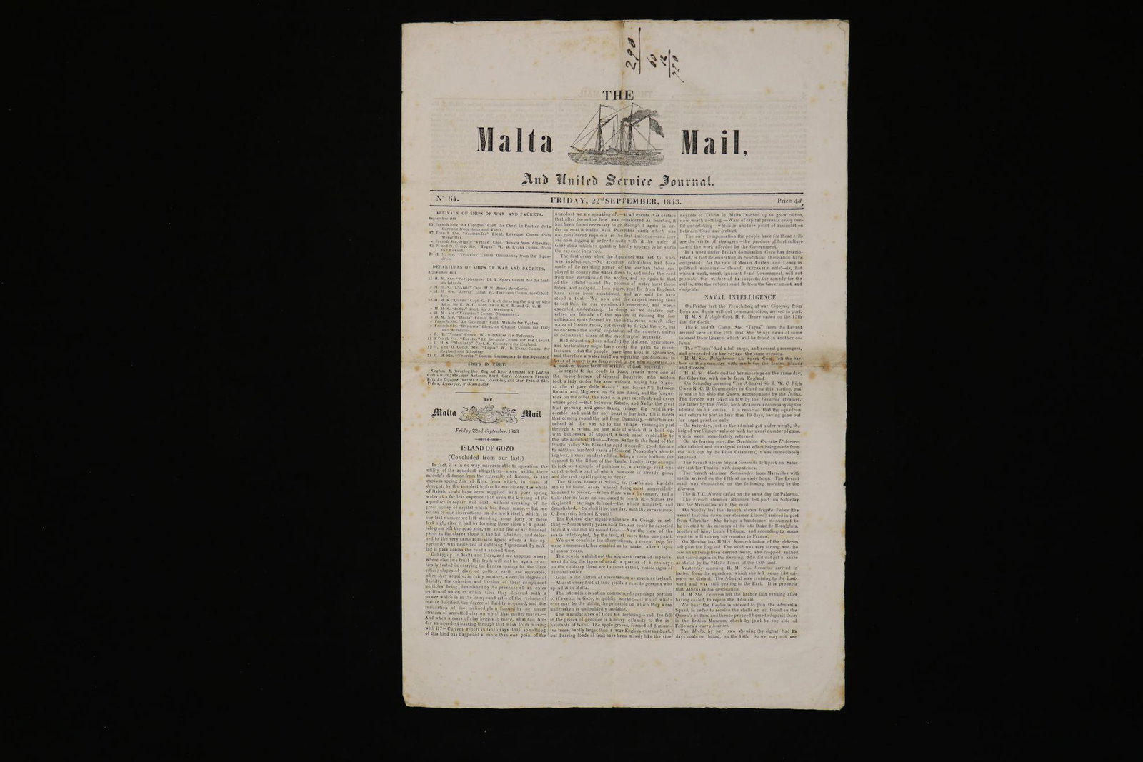 Early Malta Printing, 1843: The Malta Mail. Friday, 22nd September, 1843. 18.5" x 12". 4 pp. ************* A rare early Malta newspaper, includes a letter from Queen Pomare of Tahiti asking for protection against France, news fr