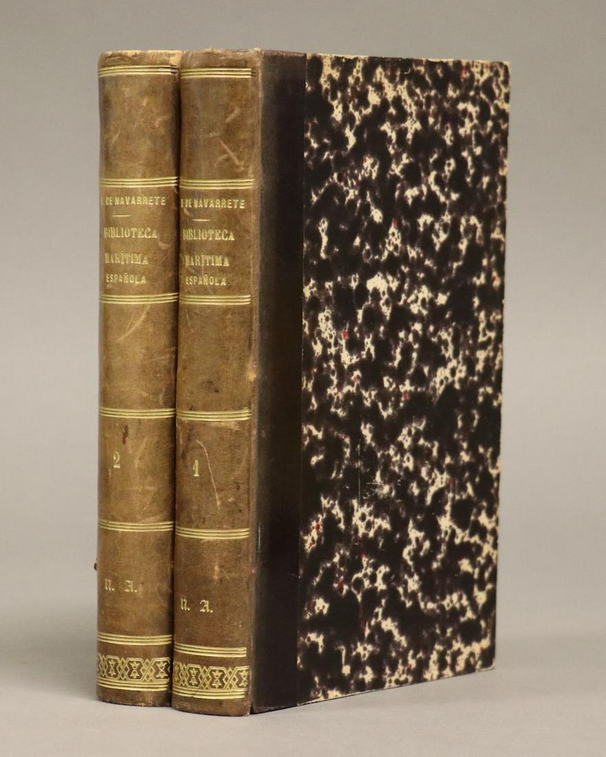 [Spanish Maritime, Navy, Explorers]: Fernandez de Navarrete, Martin. BIBLIOTECA MARITIMA ESPANOLA. Madrid: Viuda de Calero, 1851. 9.25" x 6". 2 vols. Bound in early 1/4 calf over marbled boards. **************** A biographical encycloped