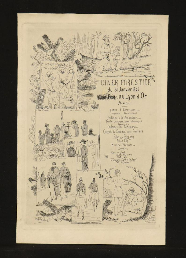 [Militaria] 1891. Engraved French Menu: Gerardine, Auguste. "Diner Forestier." [Paris], 1891. 9.75" x 6.5" measured from plate marks. An unusual engraved menu for a French restaurant, complete with wine list, with various engraved military 