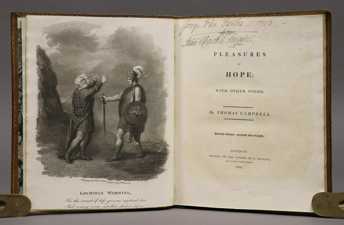 Castle Forbes Library, Pleasures of Hope: Campbell, Thomas. THE PLEASURES OF HOPE. London: for the Author by T. Bensley, 1803. 4to, 10.75" x 9". xi, [1], 131, [1] pp., plus engraved frontispiece, one other full-page engraving included in pagi