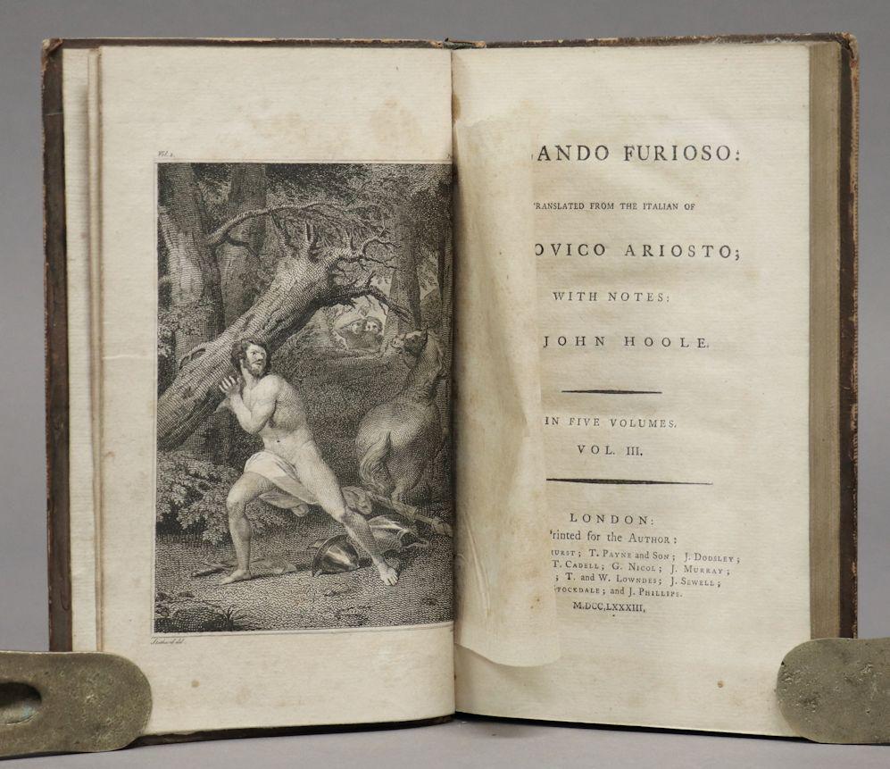 [William Blake Illustration, Orlando Furioso, 1783]: Ariosto; Hoole, John. ORLANDO FURIOSO: TRANSLATED FROM THE ITALIANâ€¦ IN FIVE VOLUMES. London: printed for the Author, sold by C. Bathurst [et al], 1783. 5 volume set. 8vo. With 8 engraved plates